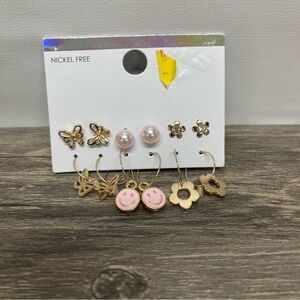 Gold Butterfly Flower Pearl Pink Smiley Hoop & Stud Earrings Set